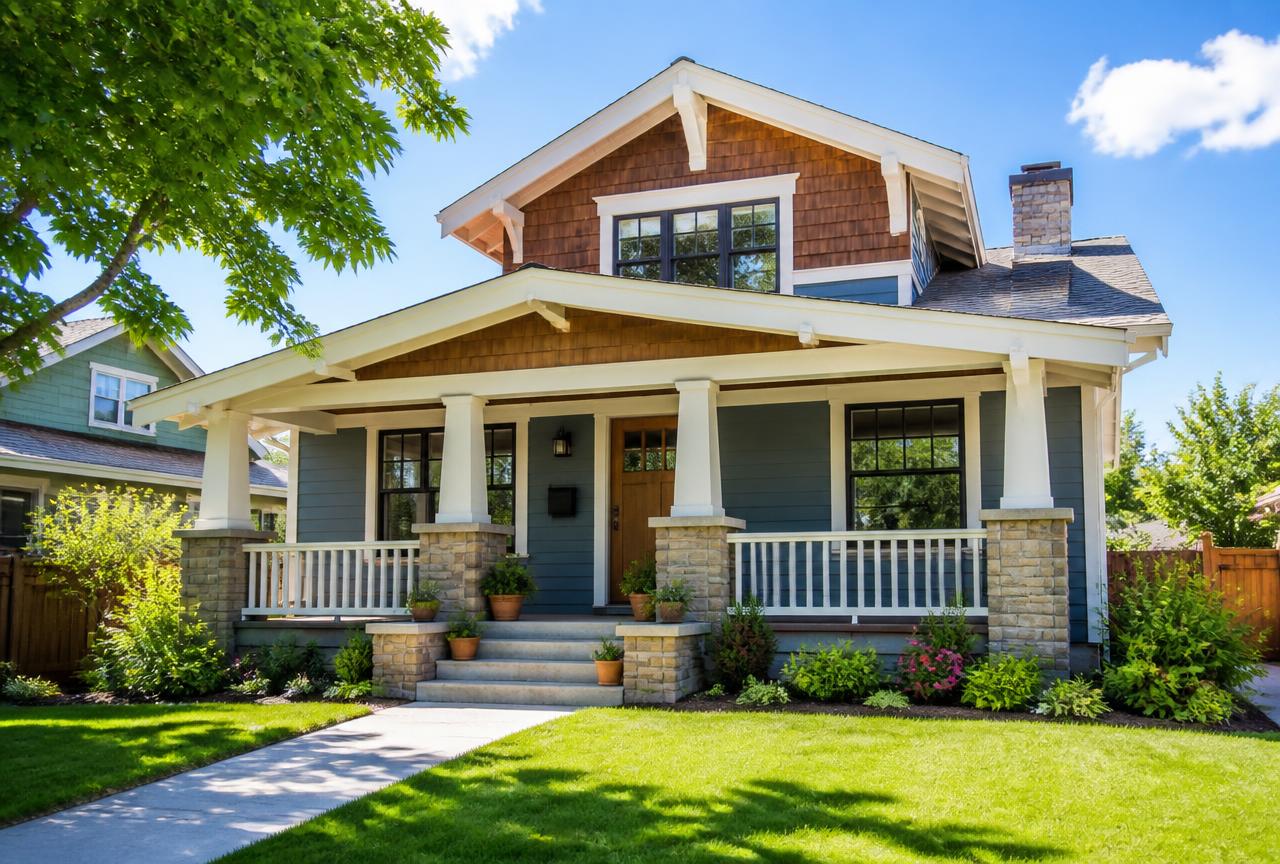 Craftsman-style suburban home with a covered front porch and lit entrance at dusk