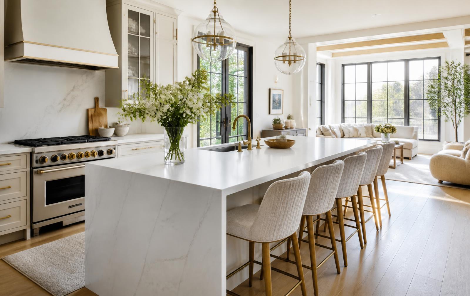 Bright kitchen and living space with a marble island and daylight through tall windows